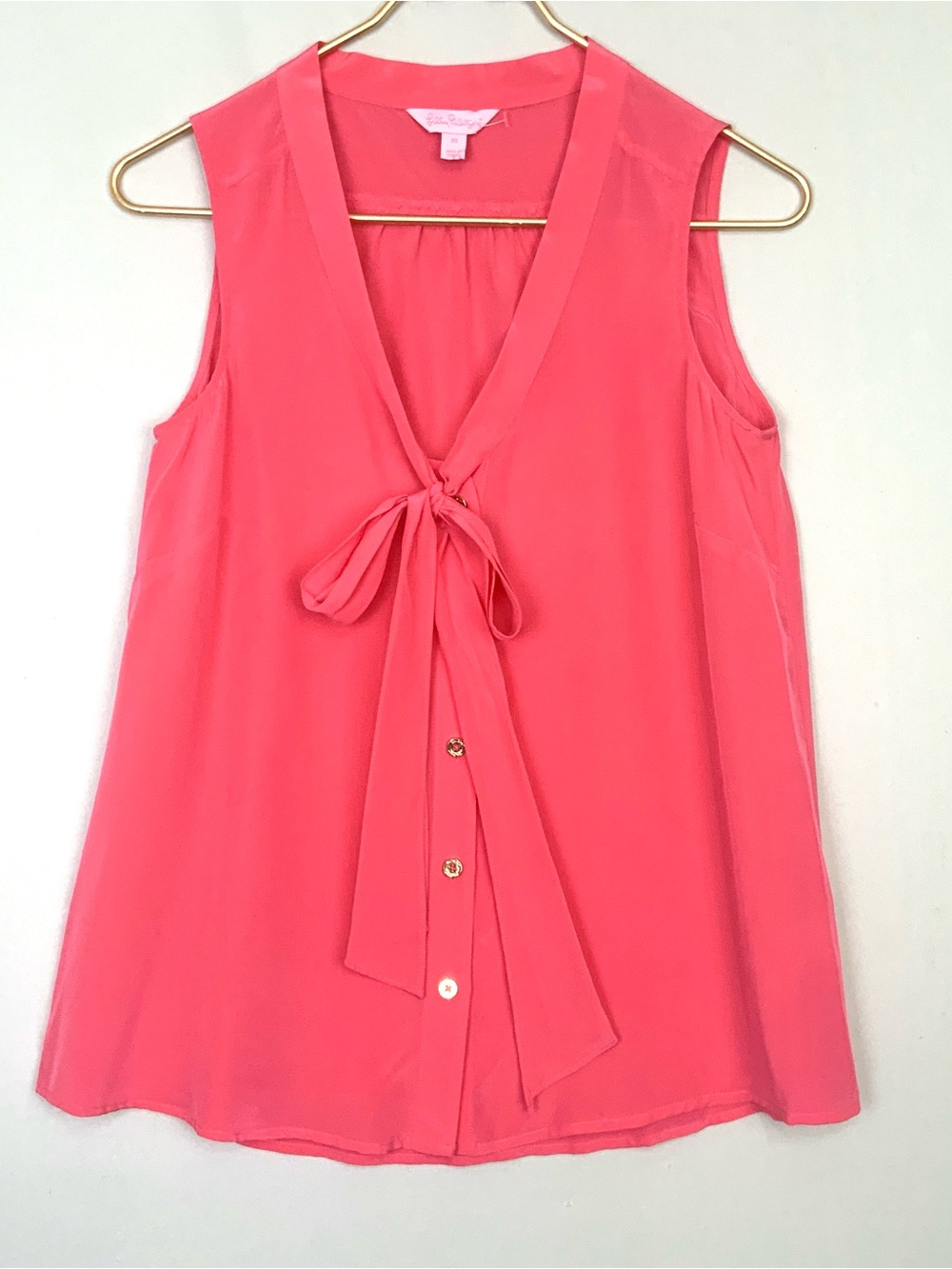 Lilly Pulitzer XS Hot Pink Silk Raleigh Sleeveless Button Down Tie Neck‎ Blouse